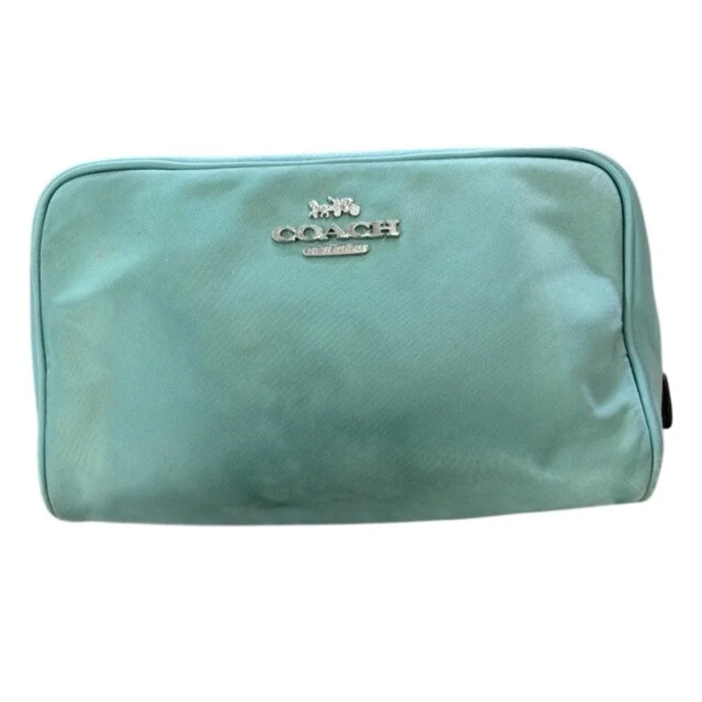 Coach New York Teal Nylon and Leather Cosmetic Case Makeup Bag Pouch